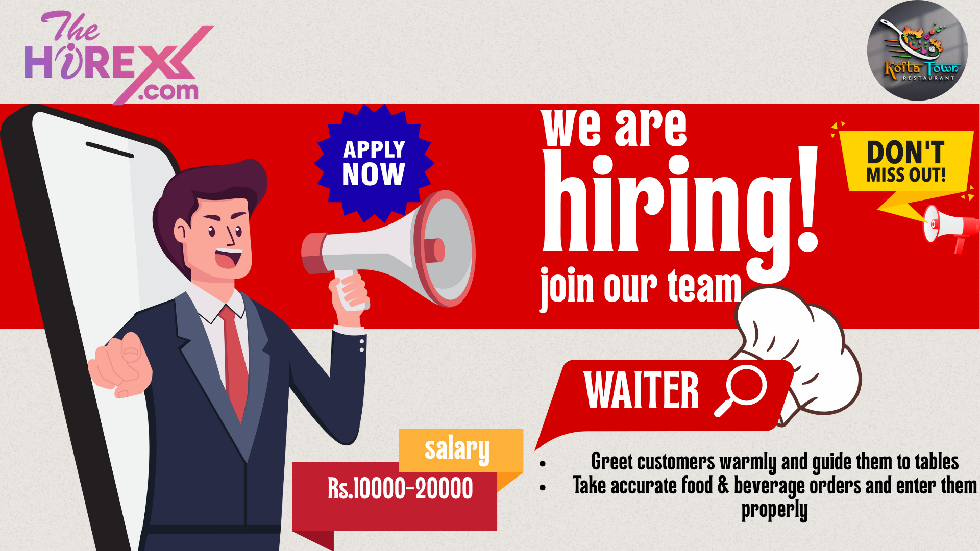 We are hiring for Waiter Kofta Town at Kofta Town